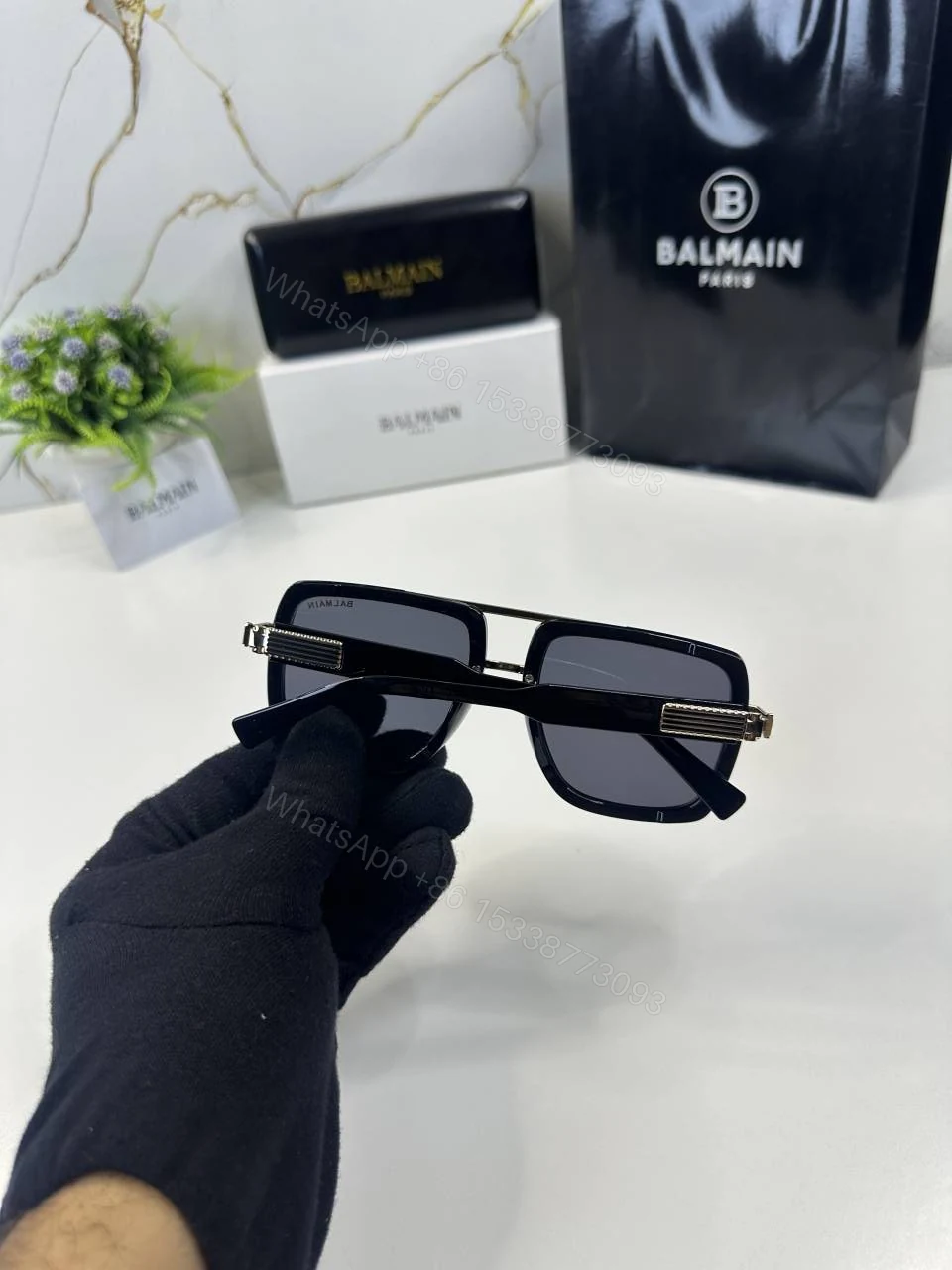 View 3 of First Copy Balmain Aviator Black Sunglasses Grey Lens Unisex UV Protection