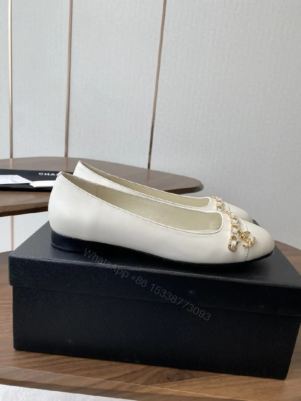 View 2 of White Leather Ballet Flats with Gold Chain Detail - Luxe Comfort