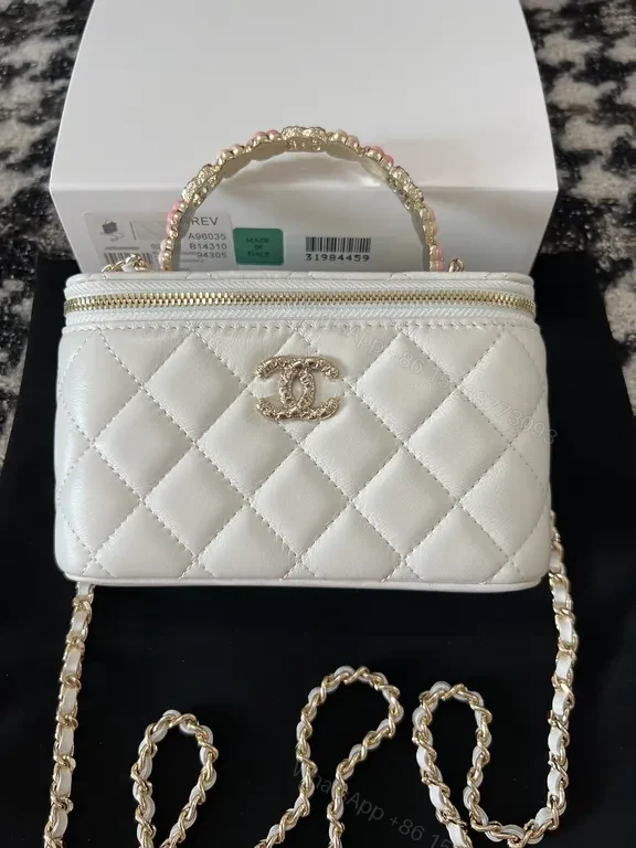 Chic Quilted Mini Bag with Gold Emblem - White, Faux Leather, Luxe, Compact Luxury Bag — view 1