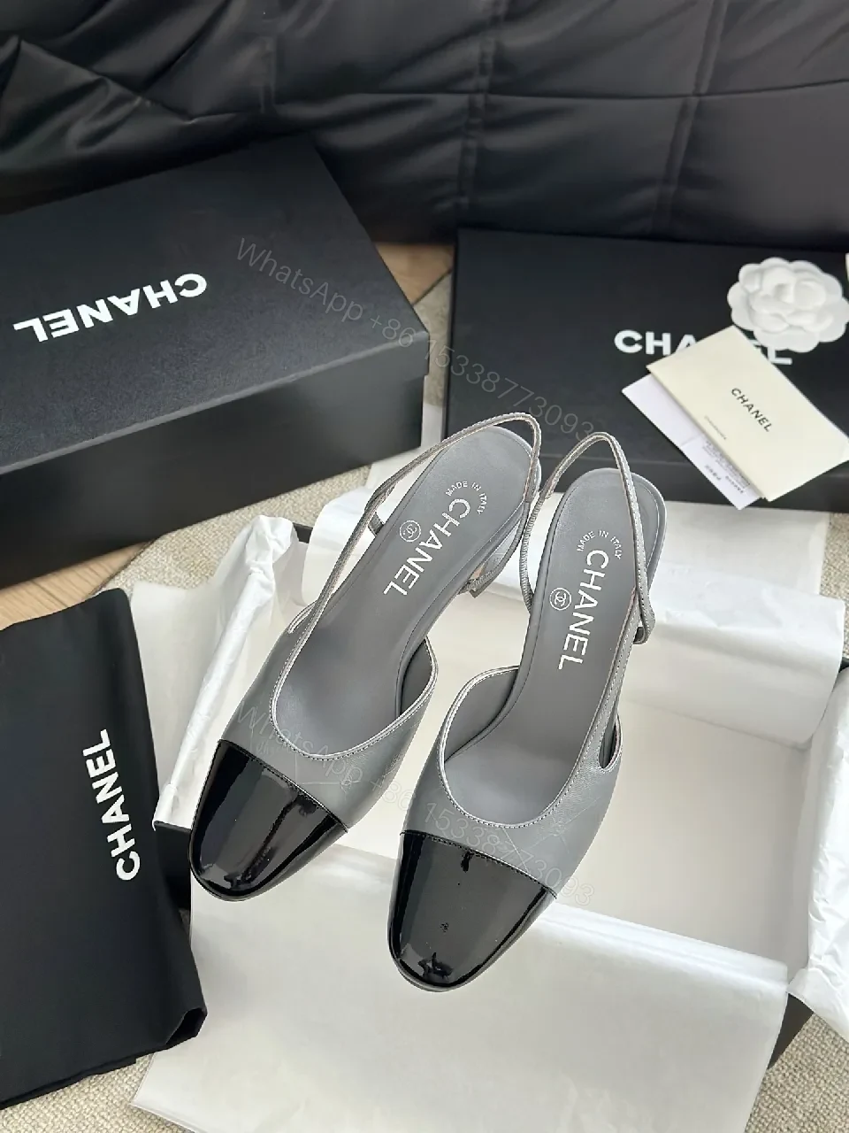 View 6 of Gray Patent-Toe Slingback Heels: Modern Block-Color Comfort