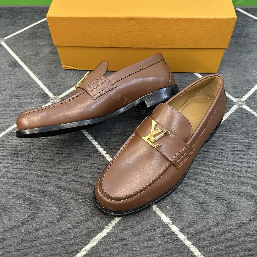 View 9 of Brown Leather Loafers with Gold Emblem: Luxury Everyday Comfort