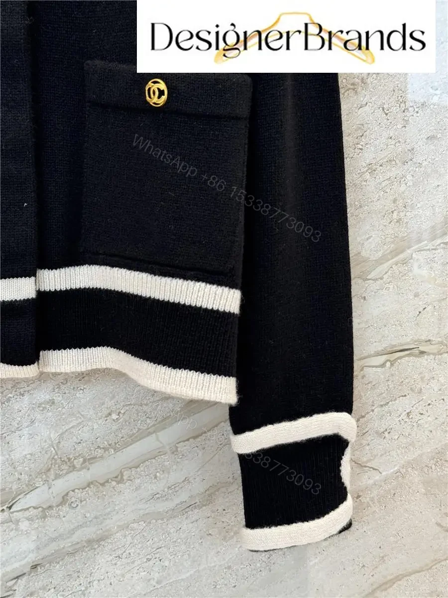 View 6 of Black Knit Cardigan with Piping & Gold Accents
