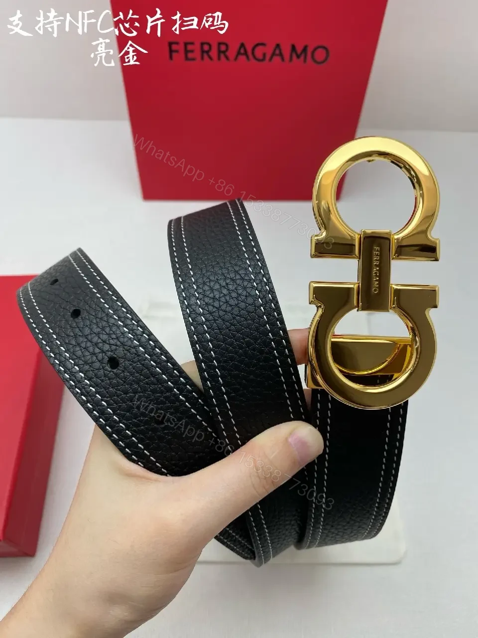 View 6 of Lux Black Leather Belt with Gold Clasp – Statement Italian Style