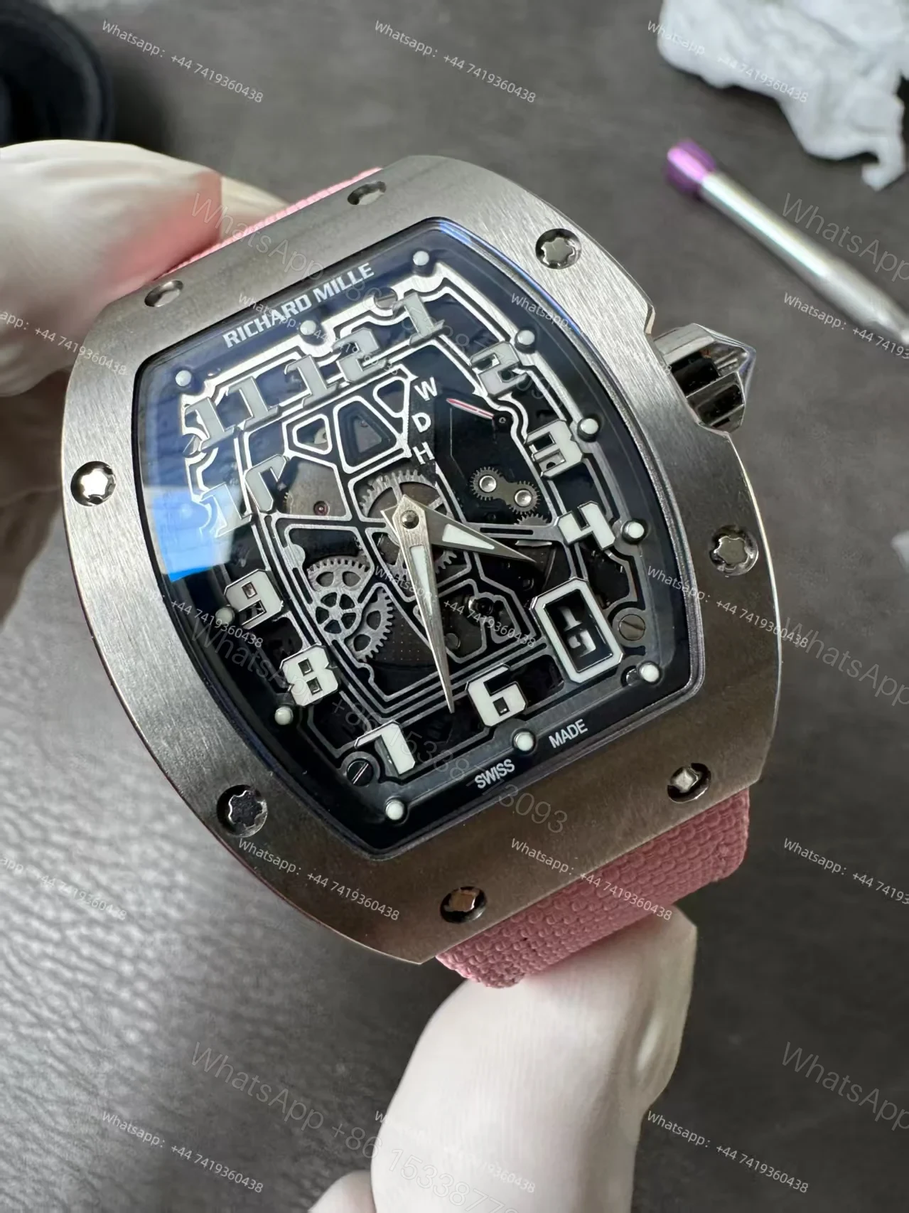 View 10 of Super Clone Richard Mille RM 67-01 Titanium Skeleton Pink Velcro Strap