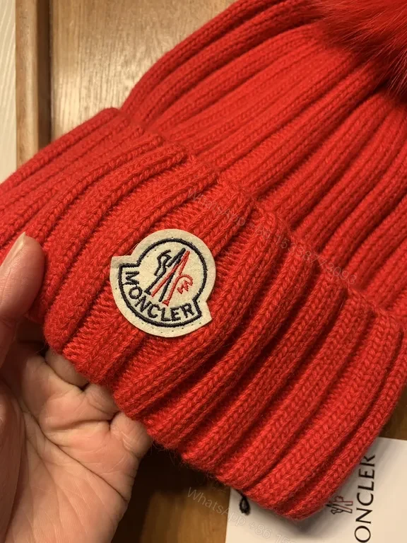 View 4 of Bold Red Knit Beanie with Plush Pom-Pom - Moncler Warmth