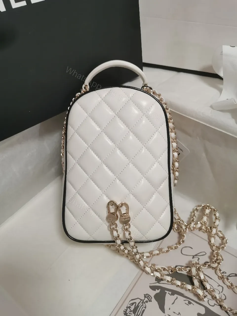 View 3 of Quilted White Bag with Gold Chain: Classic Mini Comfort