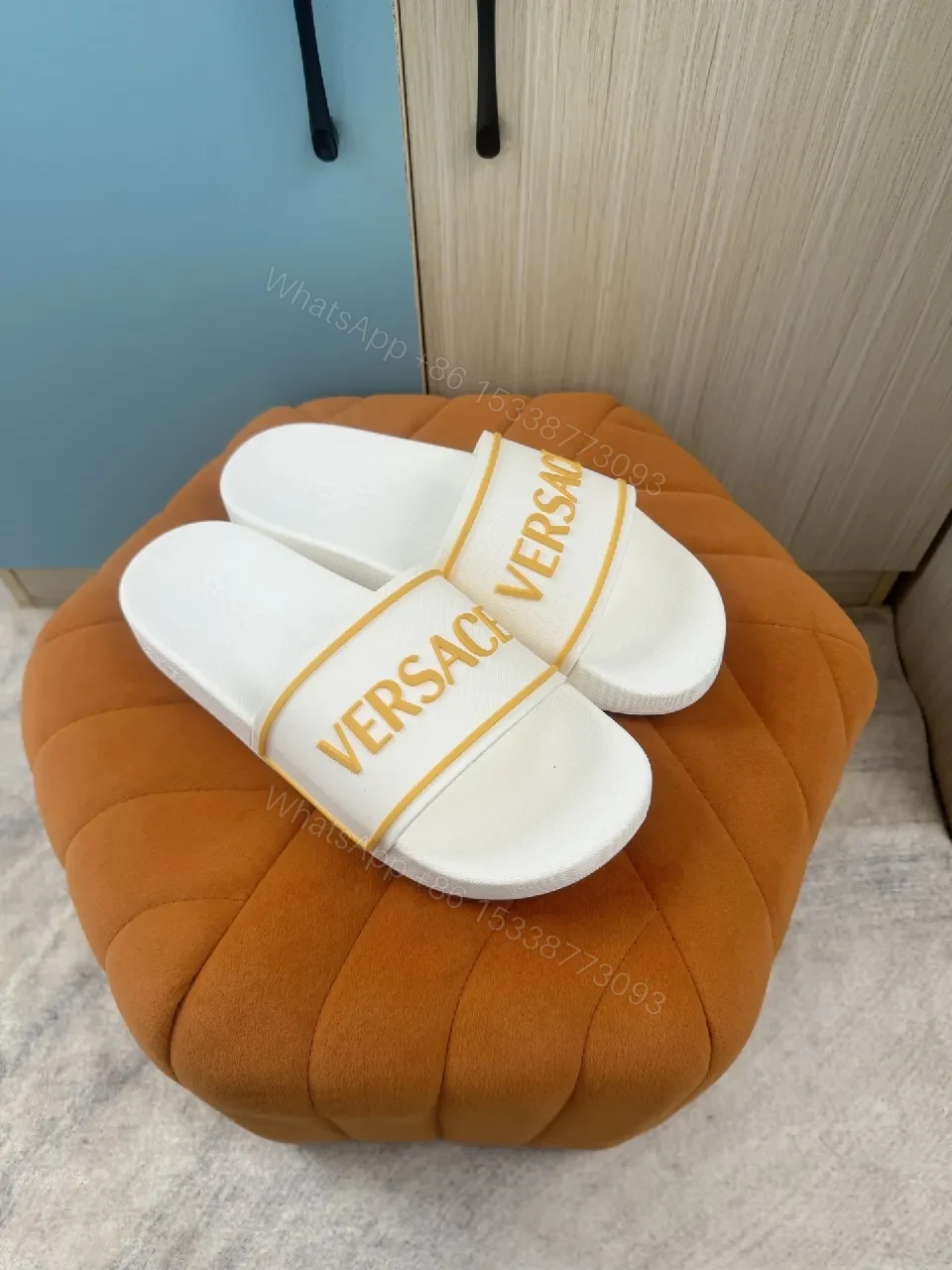 View 2 of White & Yellow Versace-Trim Slide Sandals: Luxe Comfort Sliding
