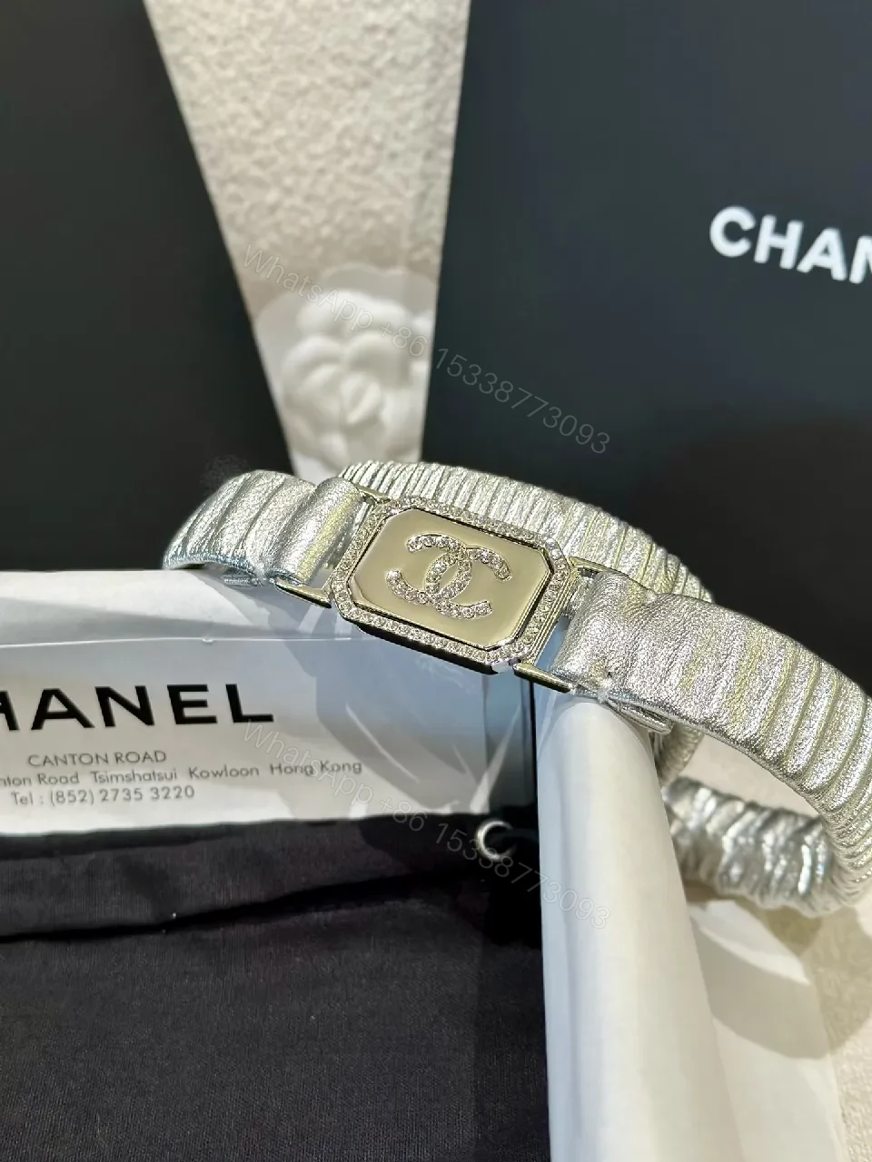 View 5 of Metallic Textured Strap Watch with Crystal-Accented Bezel