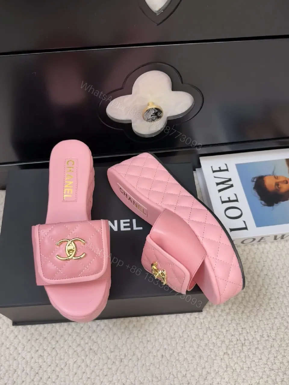 View 4 of Pink Quilted Sandals with Gold Logo: Chic Comfort Sandals