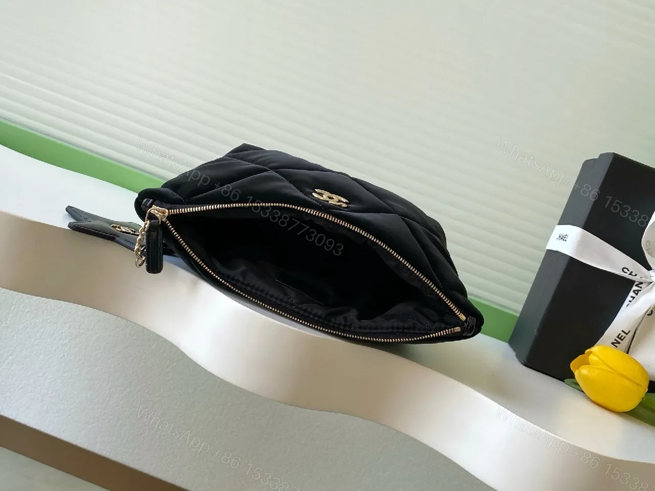 View 4 of Quilted Velvet Black Handbag with Gold Accent