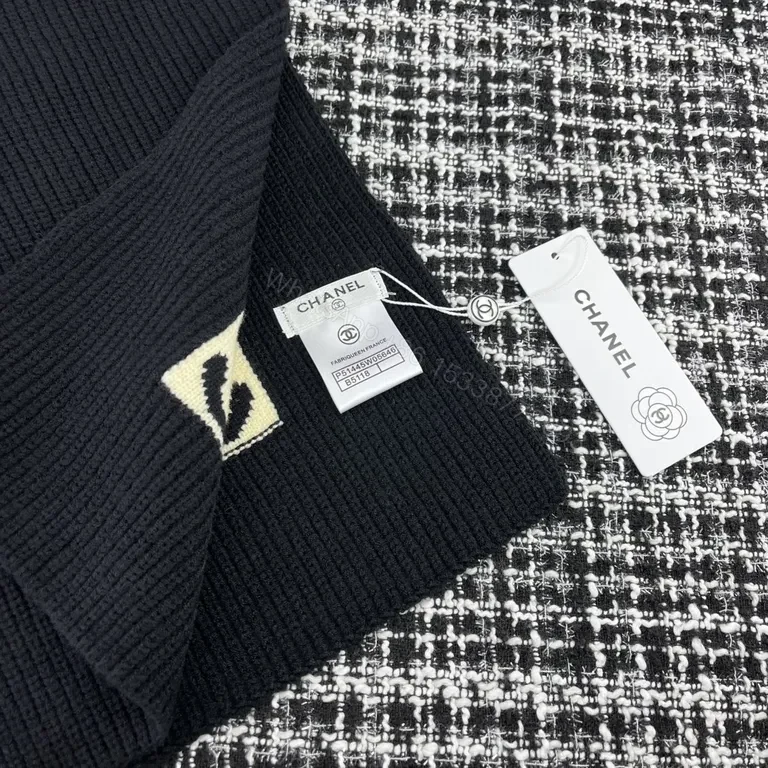 View 2 of Chanel Knit Set: Black & Cream, Signature Logo Hat & Scarf