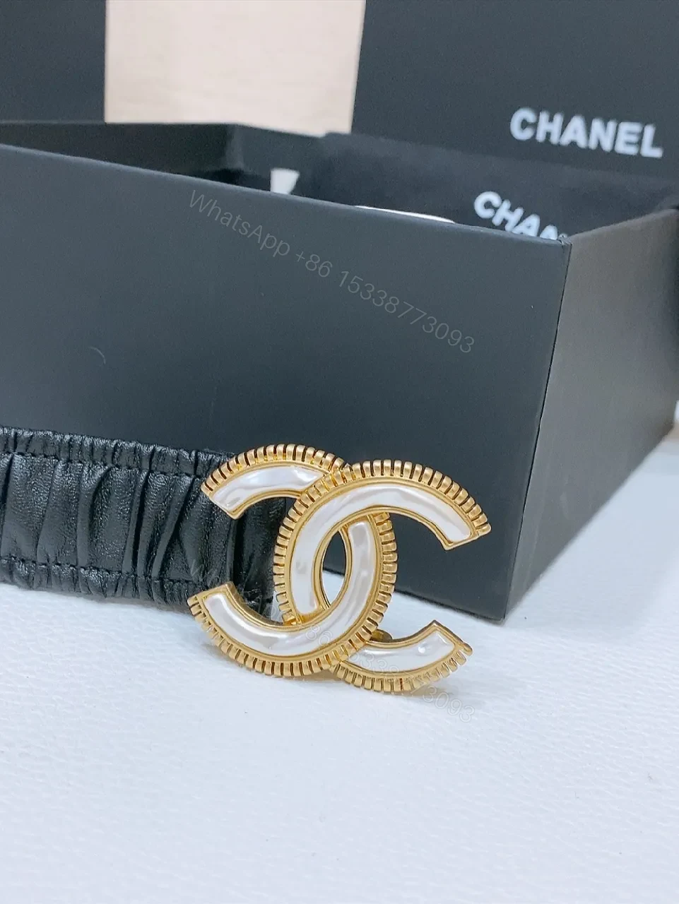 View 6 of Black Pleated Belt with Gold Logo Buckle