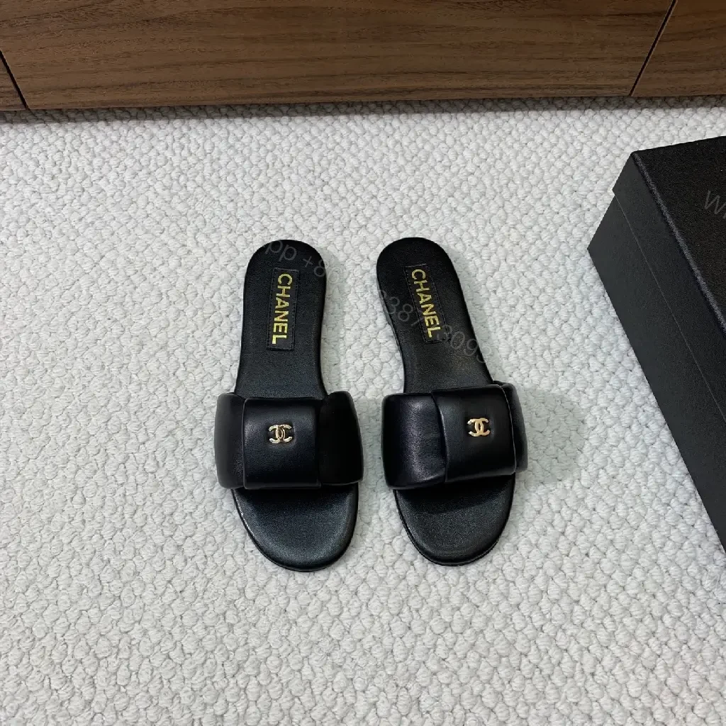 View 7 of Black Leather Slide Gold CHANEL Logo Modern Comfort Fit Sandals