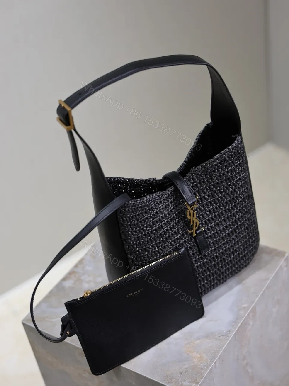 View 6 of Compact Woven Leather Hobo with Chain-Accent Black Leather Bag