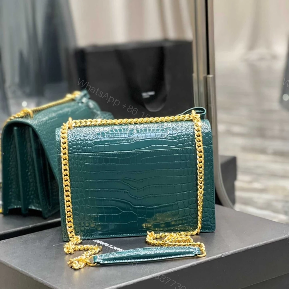 View 6 of Saint Laurent Sunset Medium Chain Bag In Crocodile-Embossed Shiny Mint 22Cm 442906DND0J3144