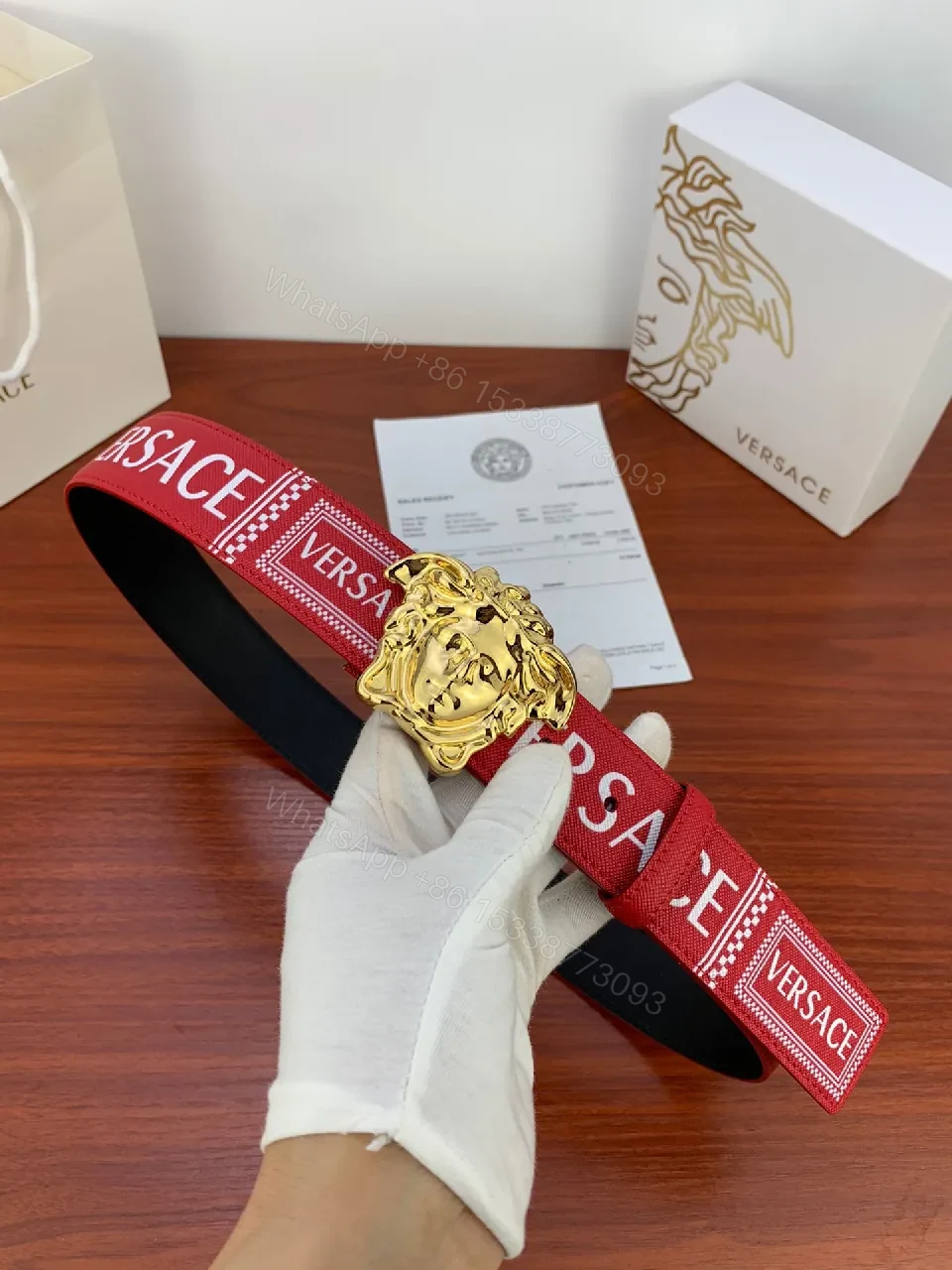 Red Leather Belt with Gold Medusa Buckle, Luxe Versatile Accessory — view 1