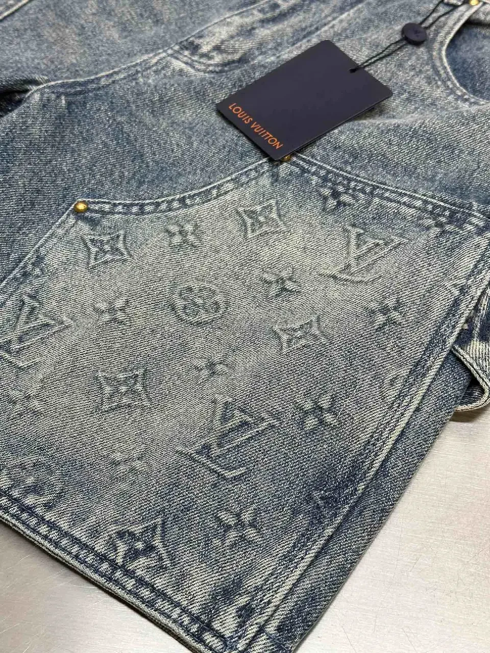 View 5 of Blue Denim Jeans Short - Louis Vuitton Embroidered Style Key Feature