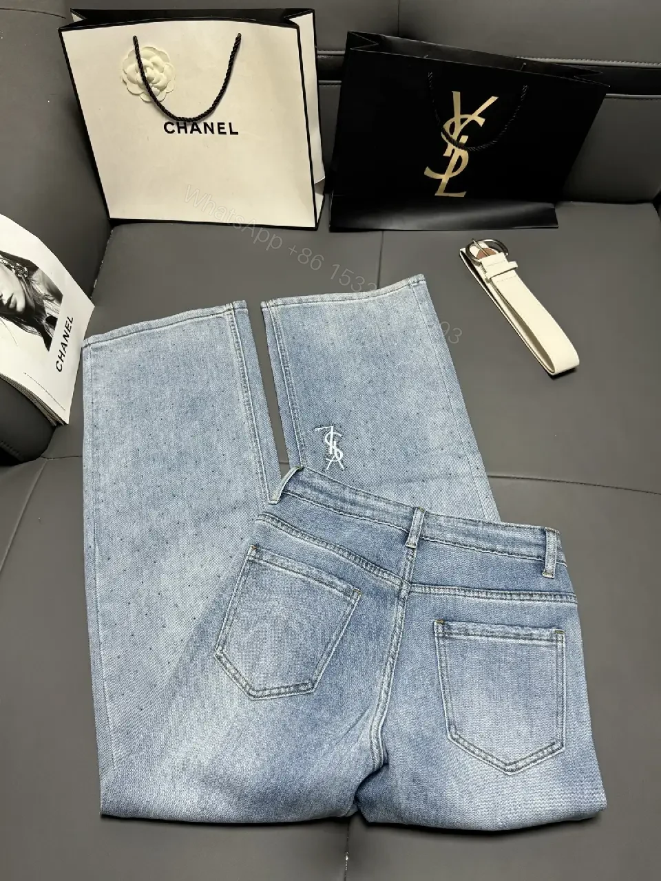 View 10 of Chic Distressed Couture: Wide-Leg Jeans with Emblems