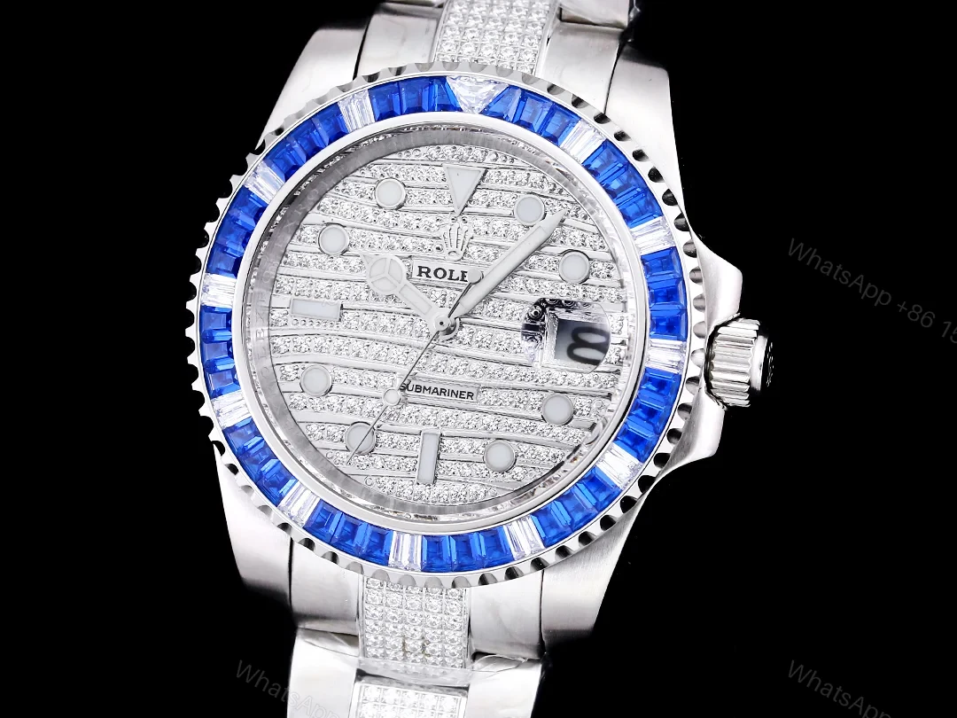 View 3 of Rolex Submariner White Diamond Replica 42MM Exclusive Blue Baguette Bezel Steel Oyster Bracelet RG-ROLEX-SUB-WHITE-DIAMOND-42