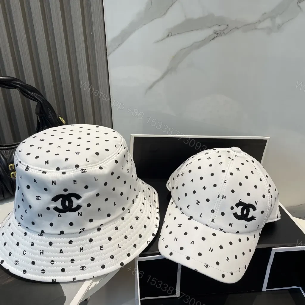 View 8 of White Polka Dot Bucket Hat with Subtle Logo, Cotton-Blend
