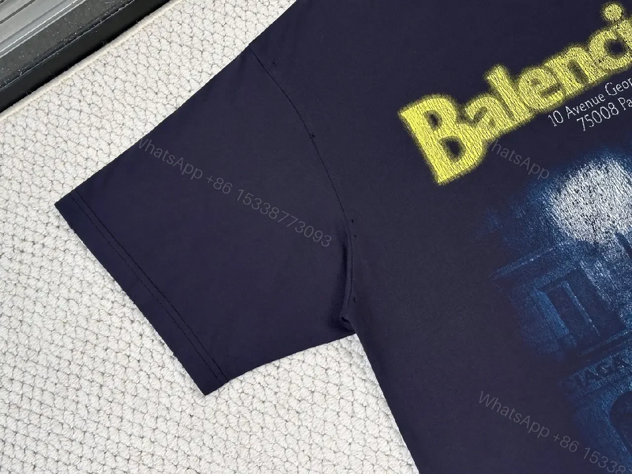 View 6 of Navy Cotton Oversize Balenciaga Graphic Tee with Neon Yellow Logo
