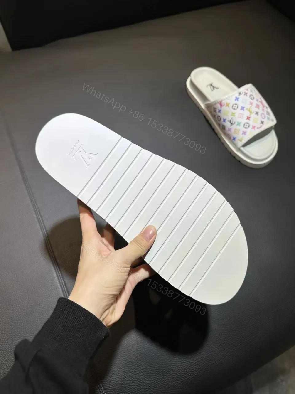 View 5 of Multicolor LV-Patterned Slip-On Sandals with Cushioned Comfort