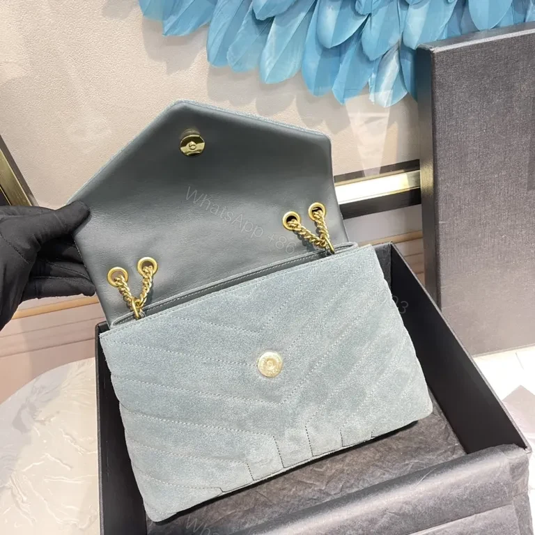 View 5 of Powder-Blue Suede Crossbody with YSL Monogram Gold Hardware