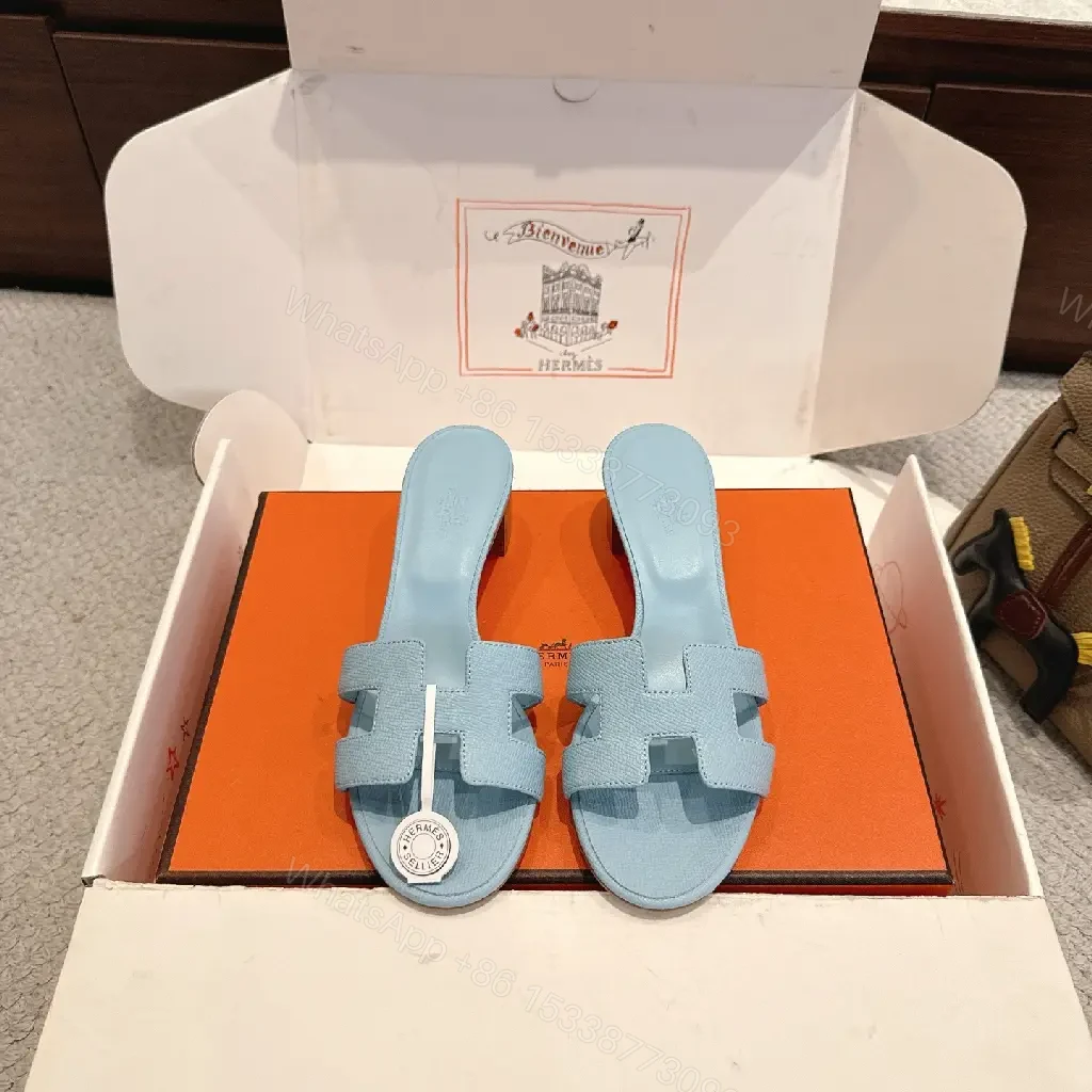 View 4 of Blue Leather Sandals Classic Hermes-Style Open-Toe Sliders