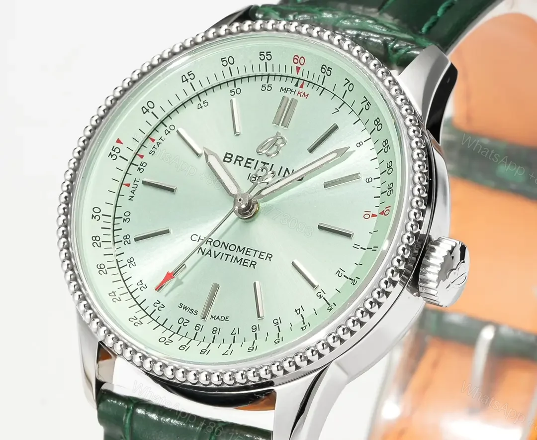 View 4 of OM Factory Breitling Women’s Navitimer Automatic Watch – Green Dial, Green Leather Strap, 35mm Stainless Steel Case