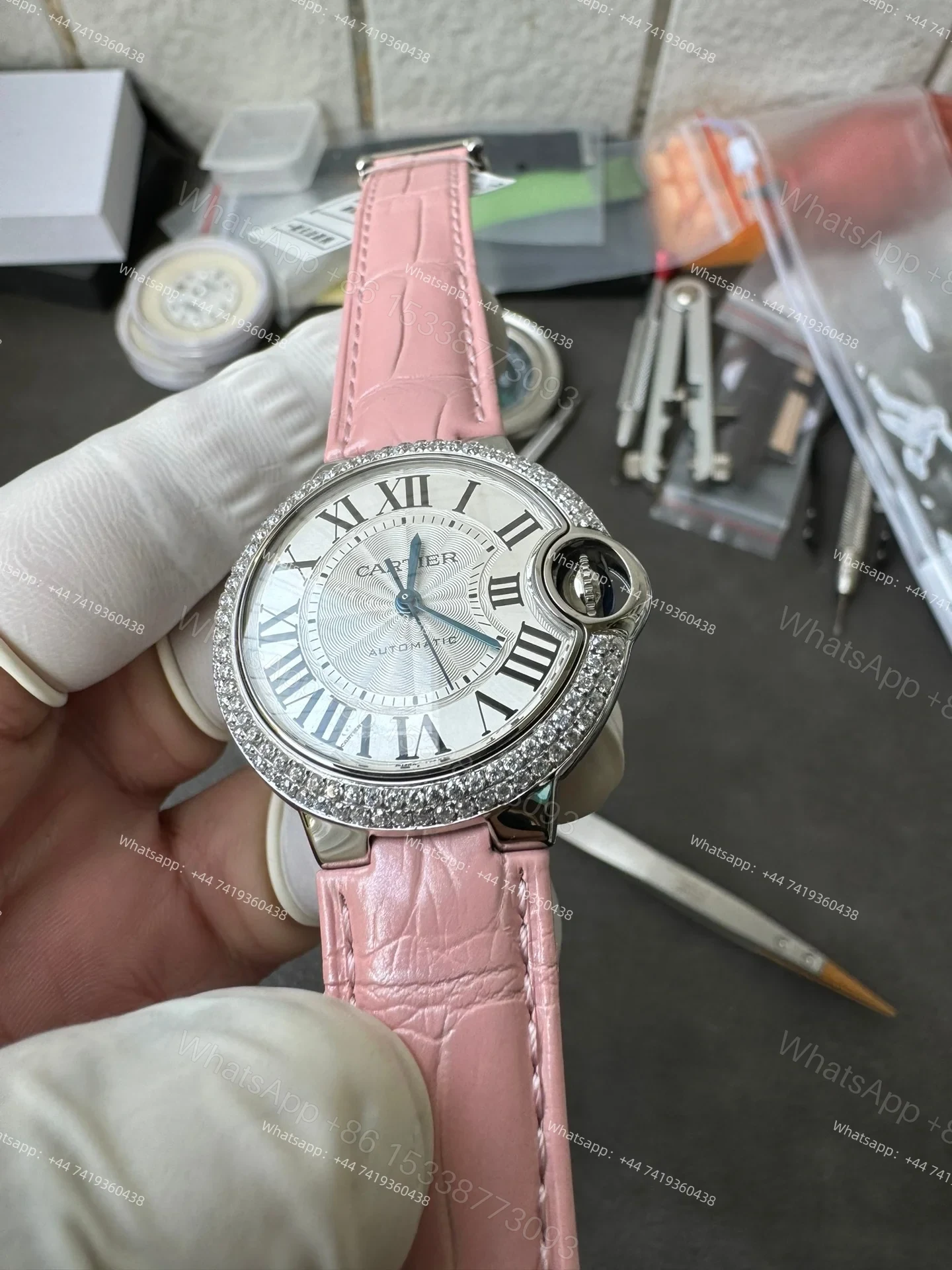 View 6 of Cartier Super Clone Ballon Bleu Diamond Bezel 33MM Pink Leather Strap