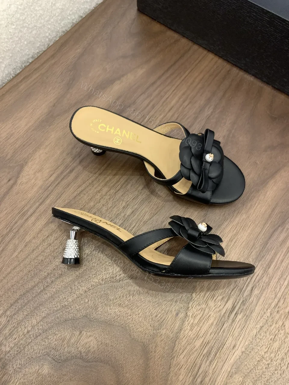 View 4 of Black Satin Slide with Floral Appliqué, Luxe Casual Slide