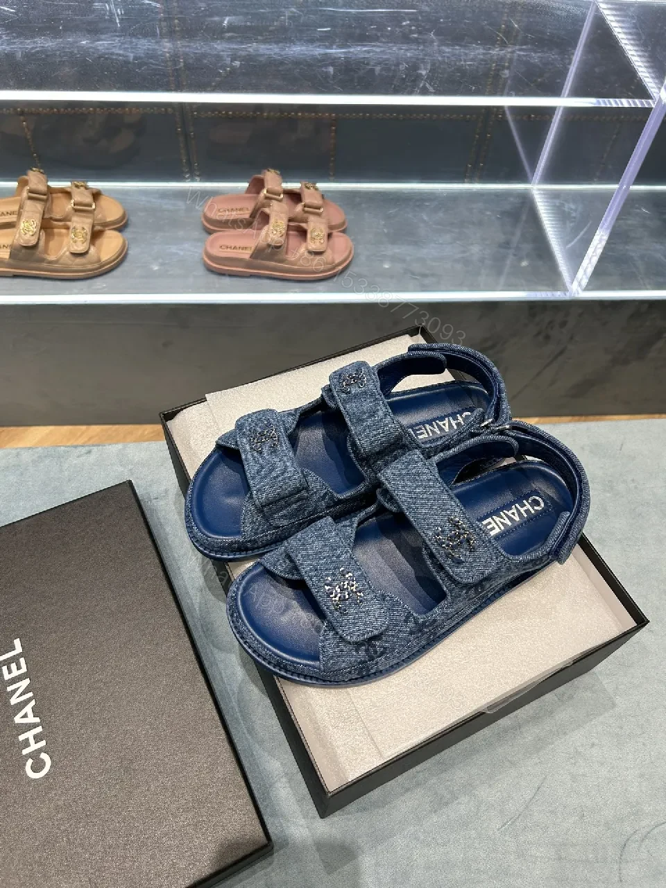 View 9 of Denim-Blue Embellished Sandals: Signature Comfort Shoes