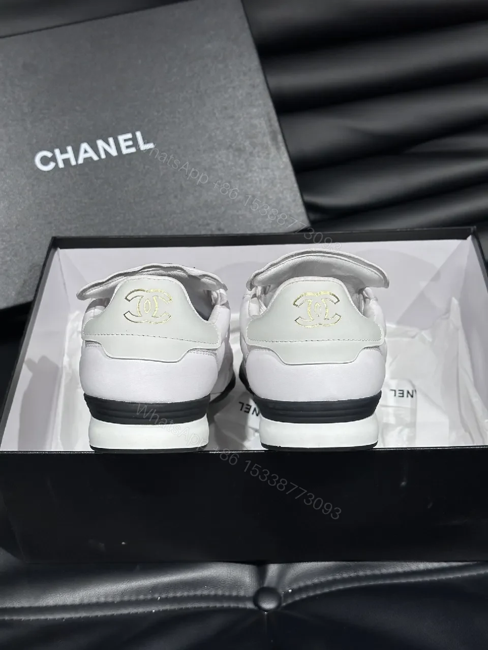 View 3 of White Quilted Low-Top Sneakers with Chanel-Inspired Detail