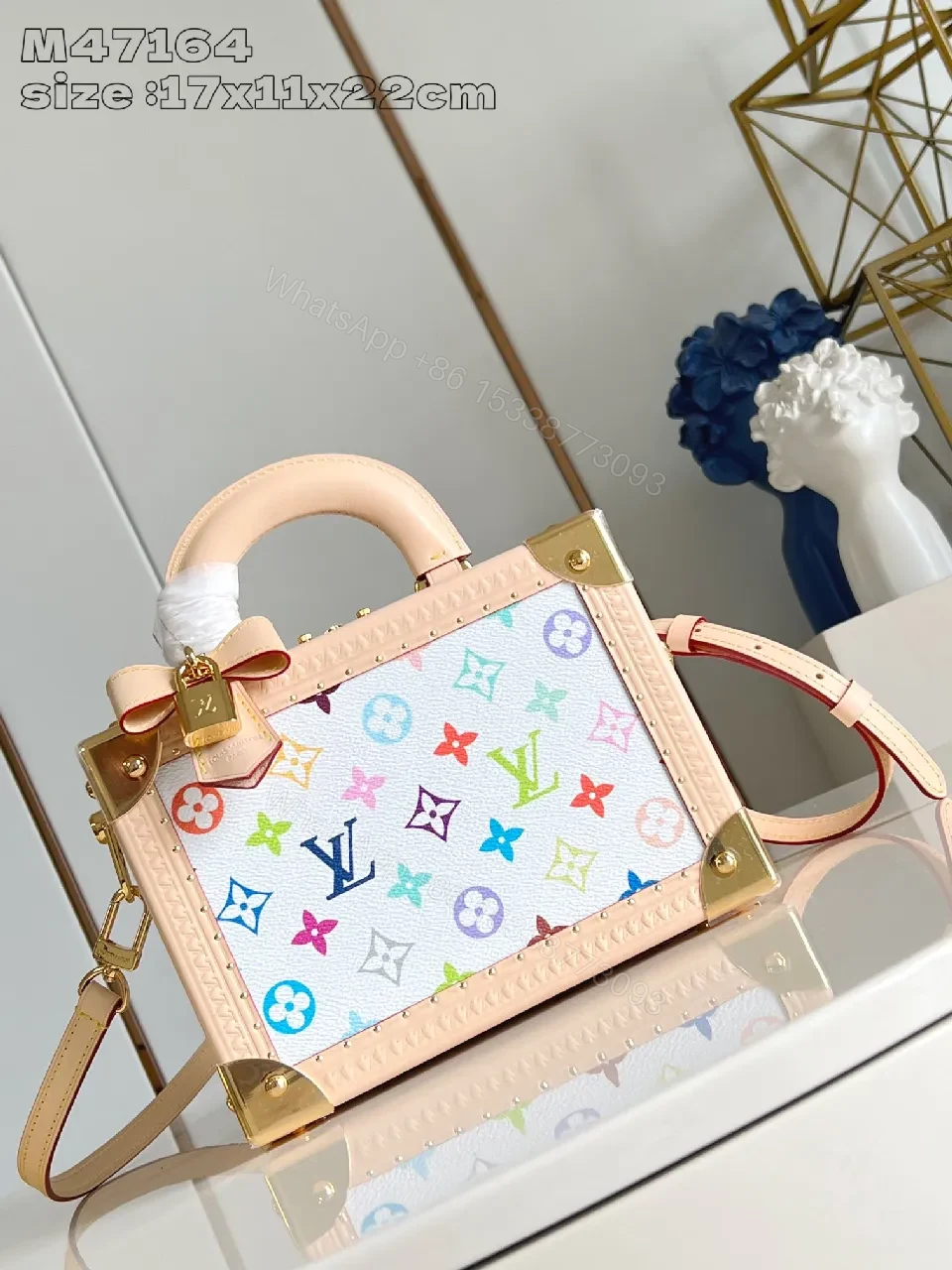 View 4 of Colorful Structured Bag: Rainbow Monogram, Gold Corners, Leather Trim