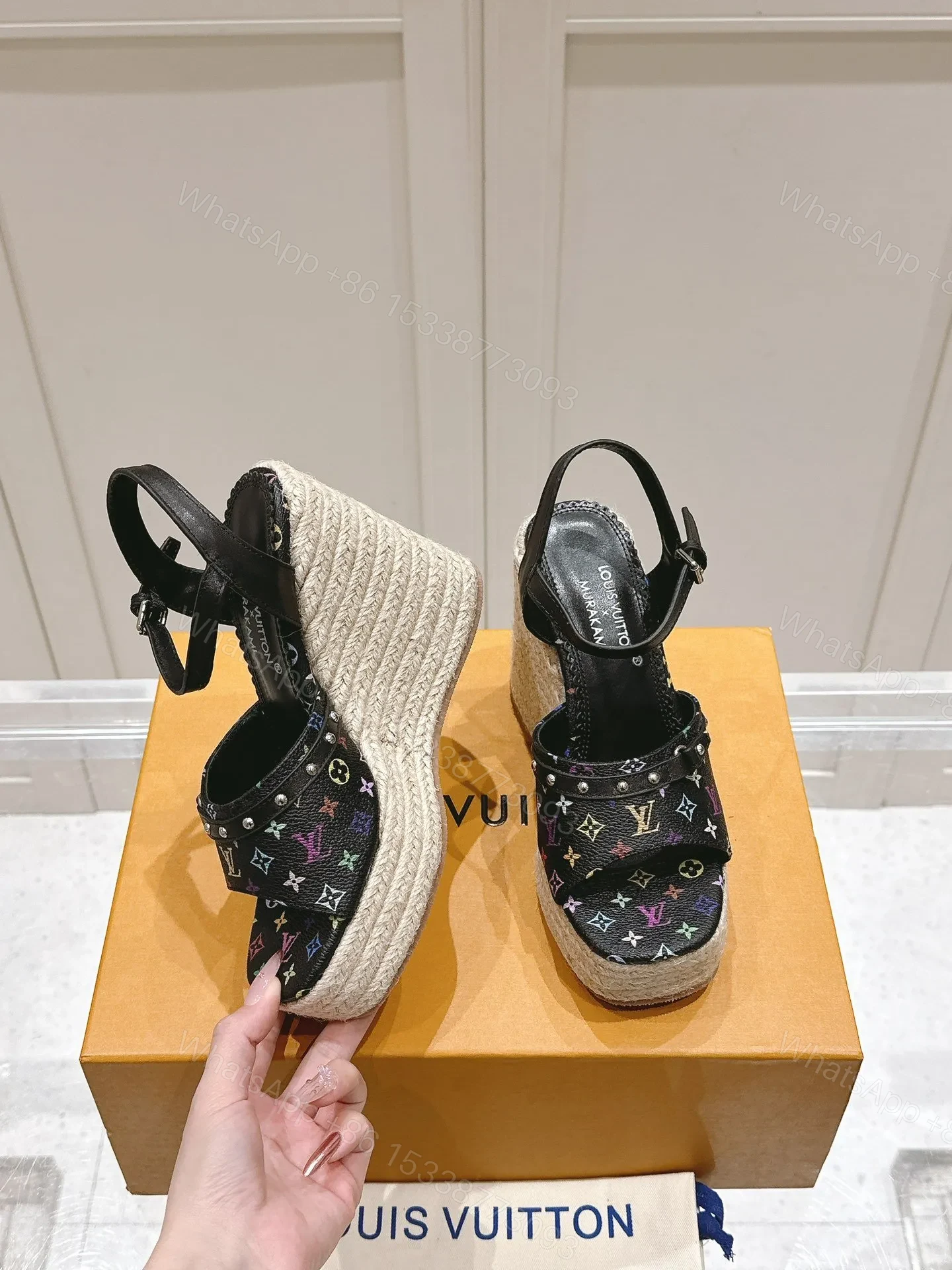 View 4 of LV Women Black Leather Espadrille Wedge Sandals