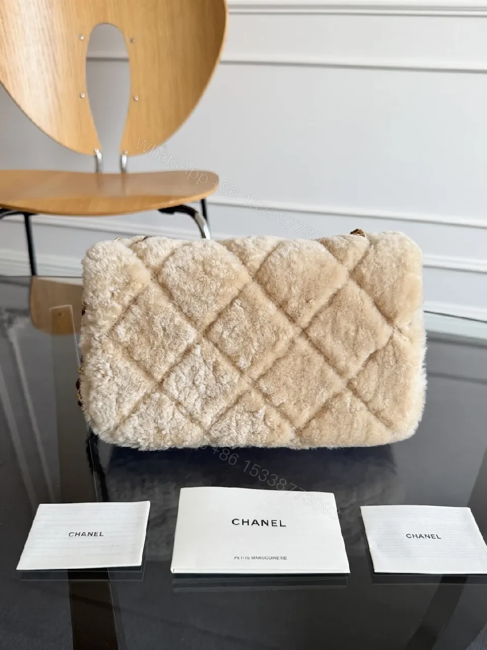 View 11 of Ivory Shearling Quilted Bag: Luxe Chain-Detail