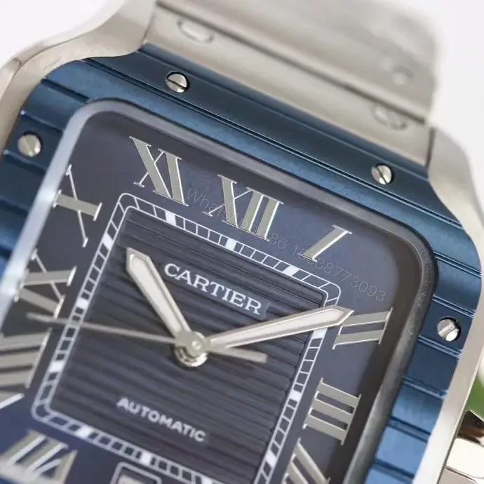 View 4 of Cartier super clone Santos Blue Dial Blue Bezel Steel Bracelet 40MM Ultimate RG-CARTIER-SANTOS-BLU-BEZ-STL-40