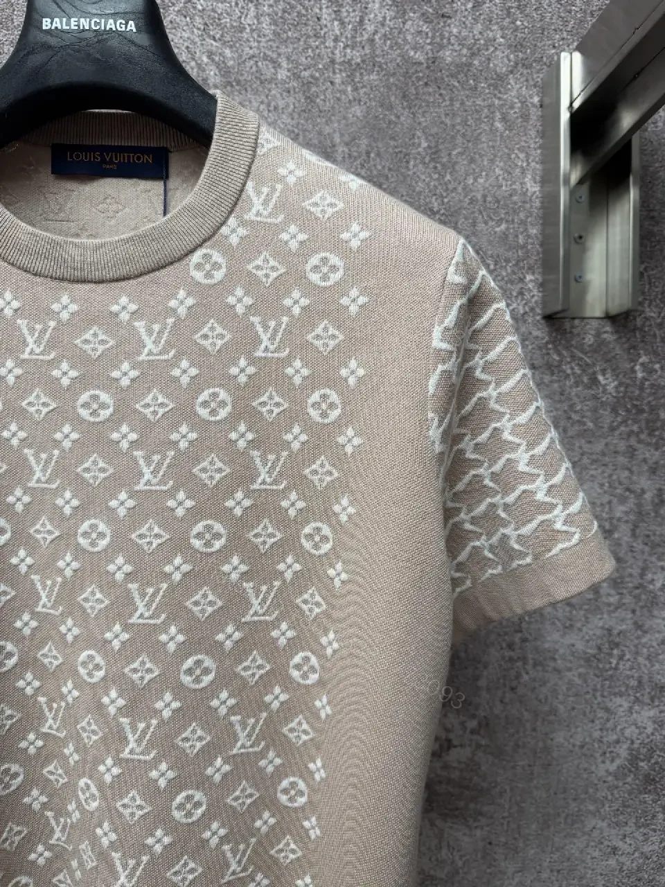 View 4 of Beige Monogram Knit Tee: Subtle Luxury Shirt