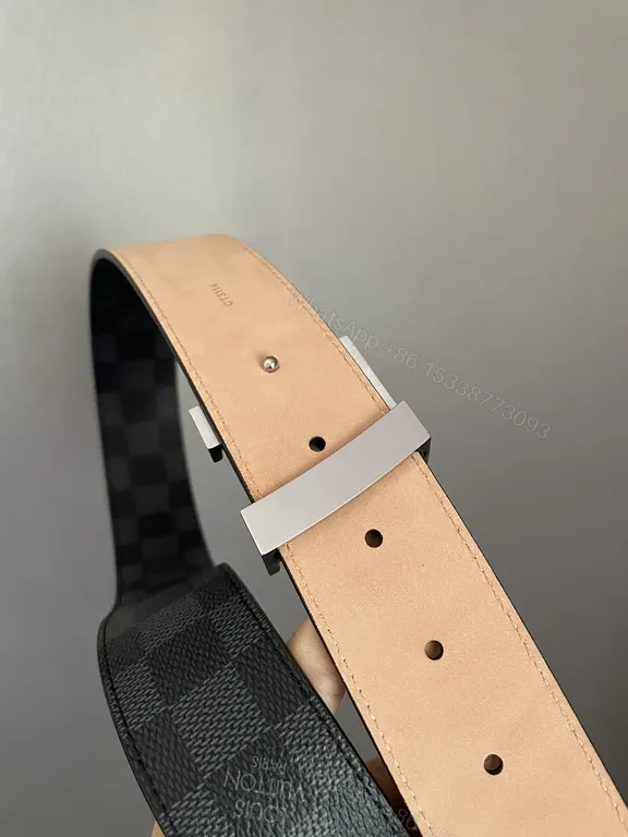 View 2 of Checkerboard LV-Style Belt: Charcoal Leather with Signature Buckle
