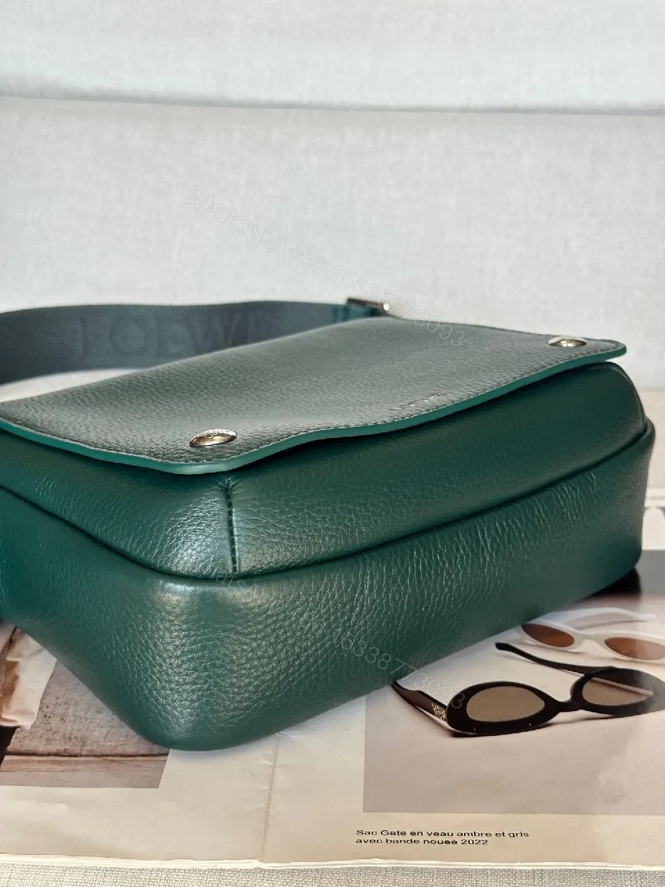 View 7 of Green Pebbled Leather Messenger: Structured, Compact, Crossbody Style
