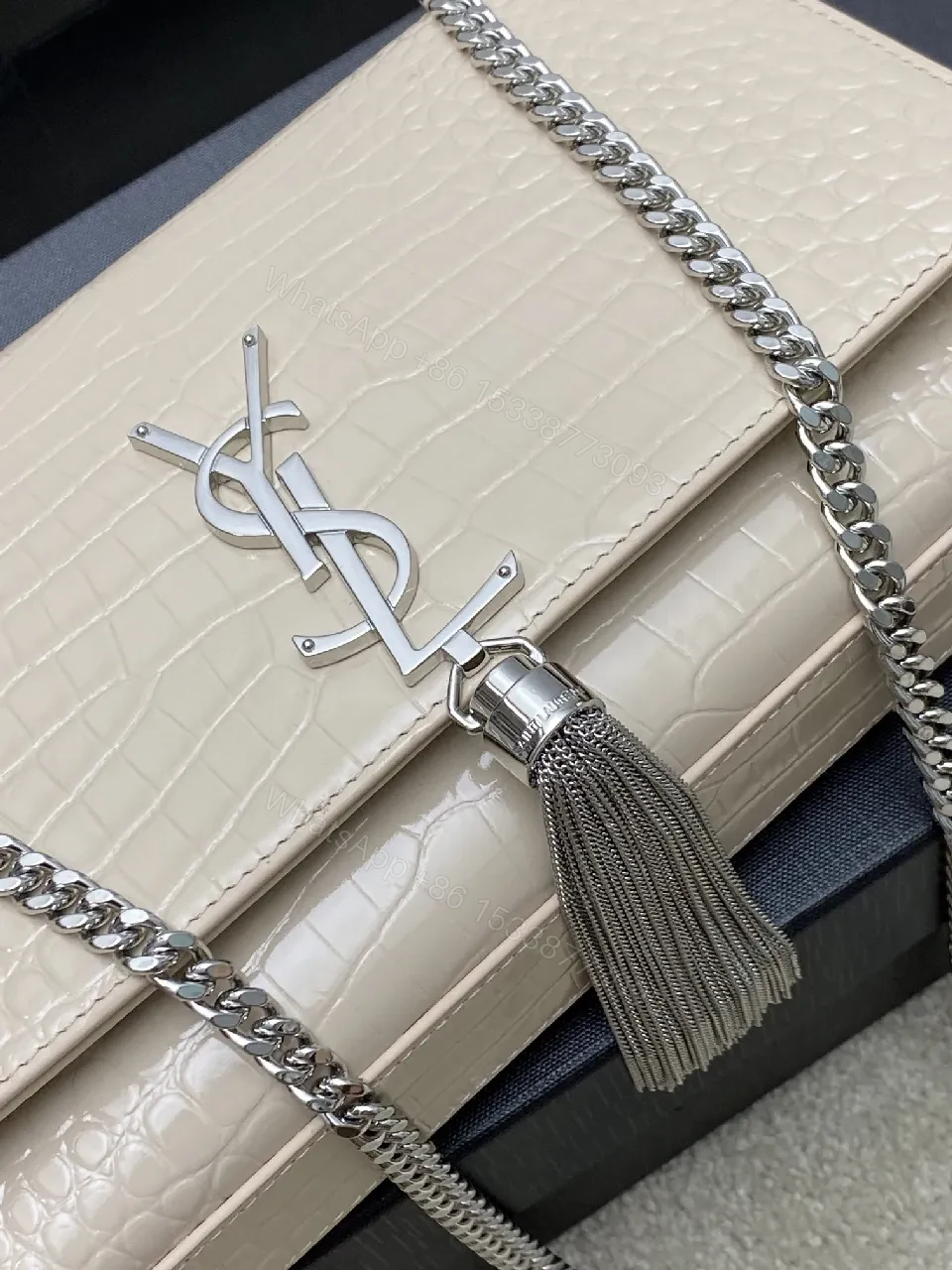 View 5 of Taupe Croc-Embossed Crossbody with Luxe Hardware, Structured Bag
