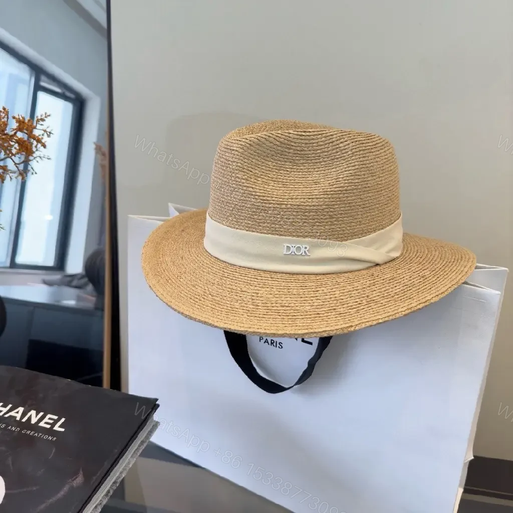 View 4 of Beige Straw Wide-Brim Hat Satin-Band Dior-Logo Crown