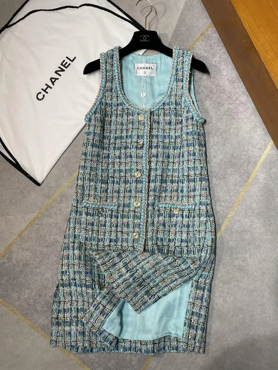 View 9 of Tweed Sleeveless Dress: Textured Button Front, Chic A-Line