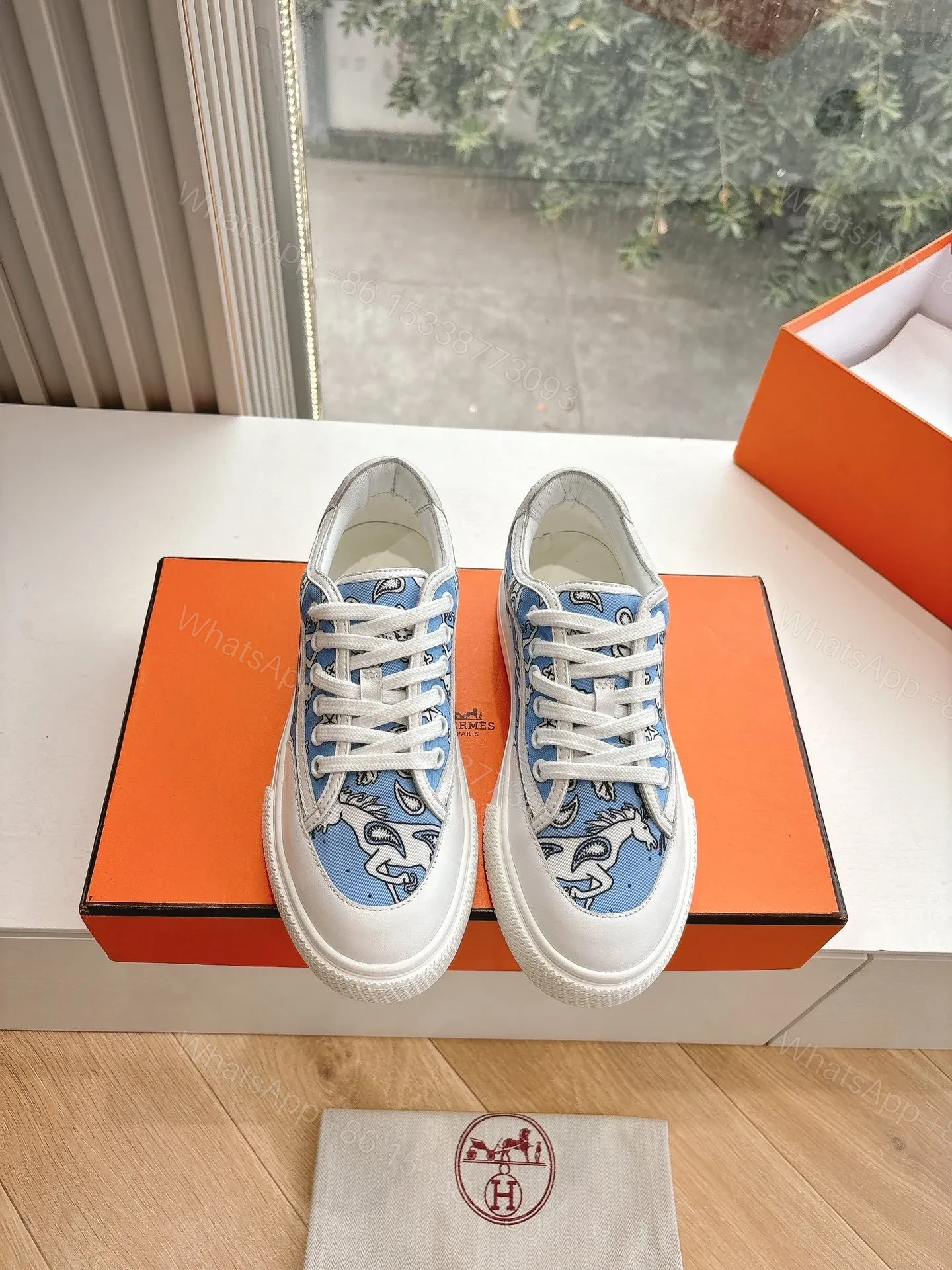 View 5 of Hermes Women Light Blue Canvas And White Sneakers