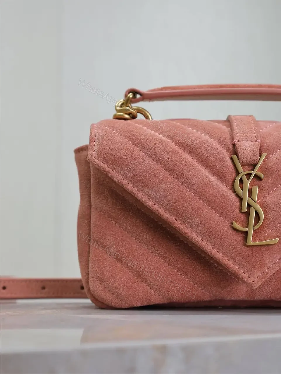 View 7 of Dusty Velvet Crossbody Bag with Gold Monogram Hardware - Modern Chic