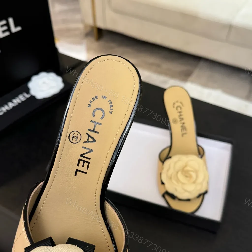 View 9 of Beige Quilted Leather Mules: Camellia, Sculpted Heel, Open-Toe