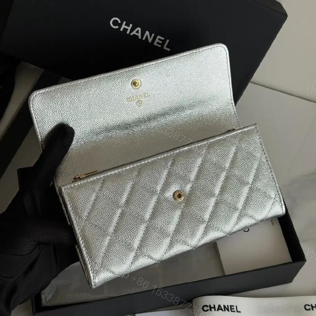 View 9 of Silver Metal Leather Quilted Wallet with CC Flap Closure