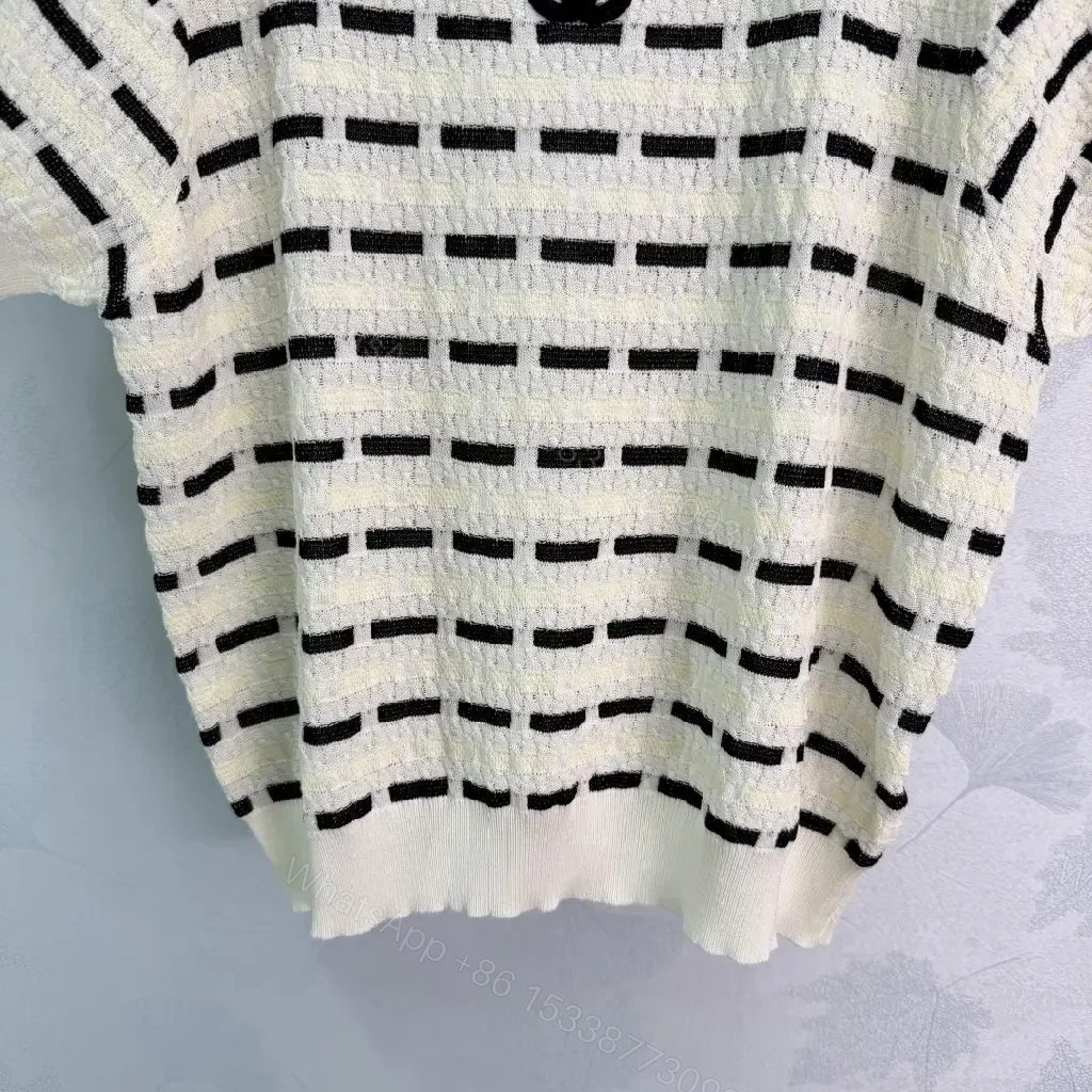 View 8 of White Knit Top Textured Striped Chanel Logo Short Sleeve Top