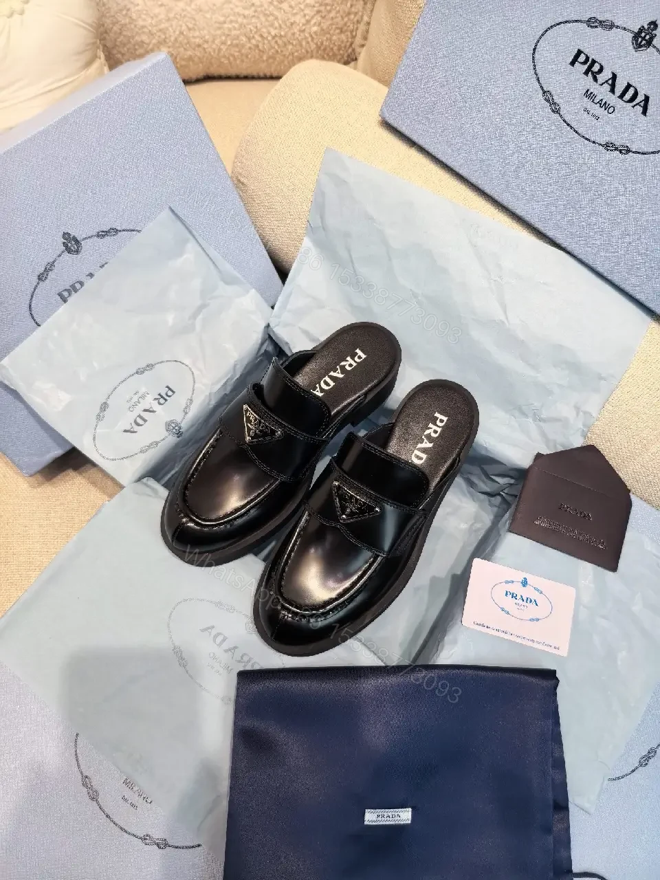 View 6 of Black Leather Prada Mules with Logo Detail Sliders, Women’s Fashion
