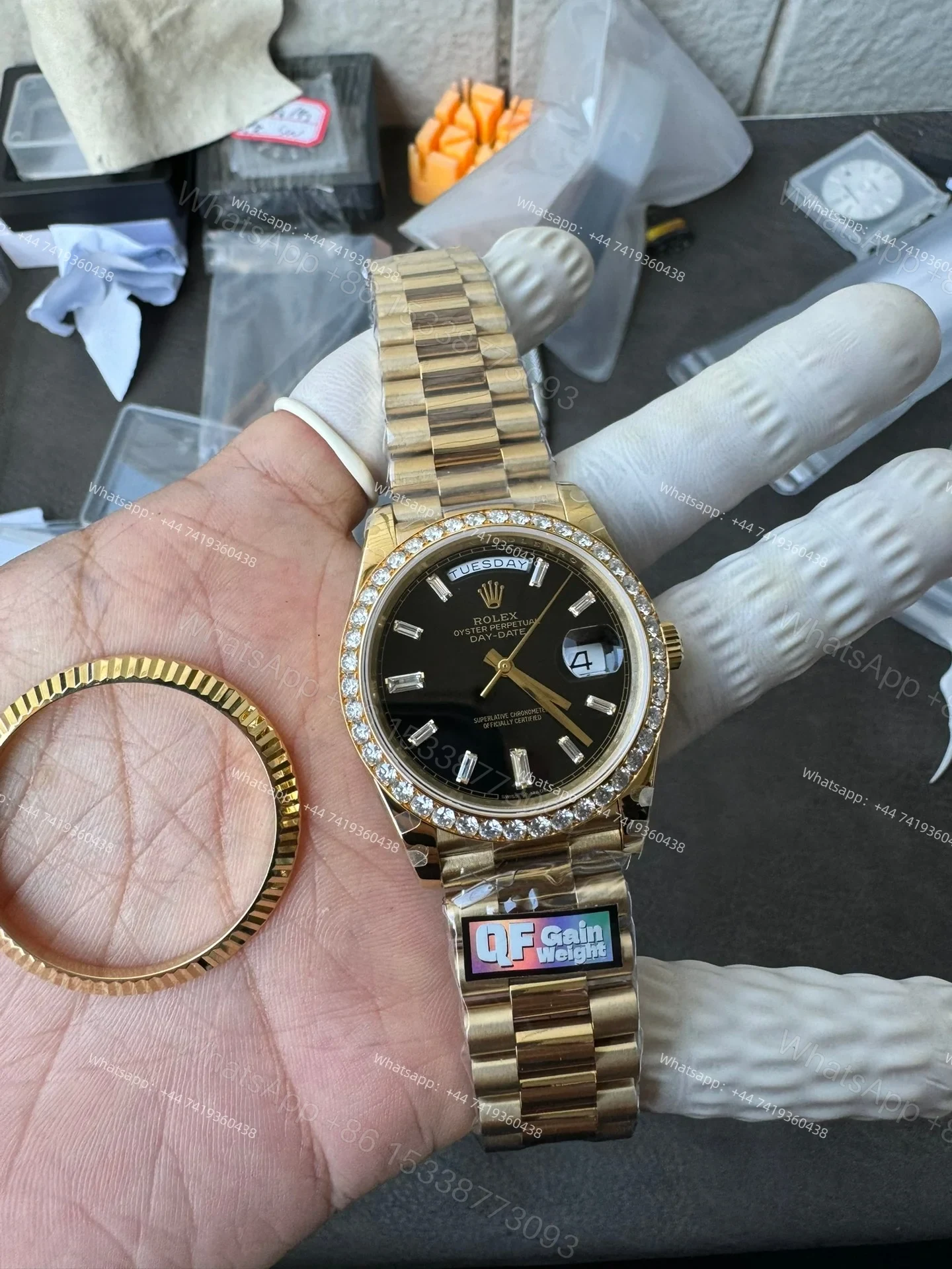 View 14 of Rolex Day-Date M228348RBR-0001 1:1 Replica Moissanite Diamond Bezel Black Dial 40MM 3255 Movement Super Clone Watch